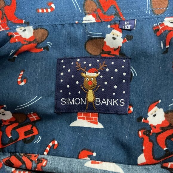 Simon Banks Mens Holiday Shirt M 15.5 Blue Santa Claus Print Button-Down - Picture 4 of 5